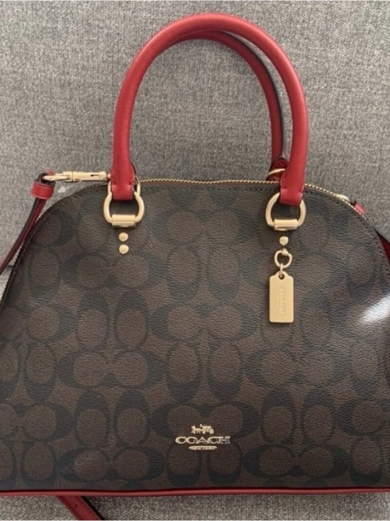 Coach Handbags - Coach Brown Signature Dome Satchel with Red Handles and Trim